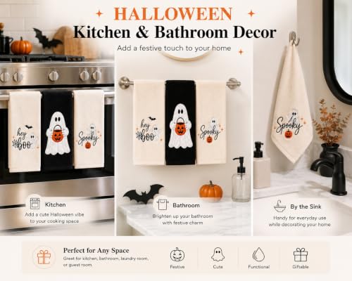 Halloween Hand Towels Set of 3 - Embroidered Ghost Pumpkin Spooky Decor 14x30