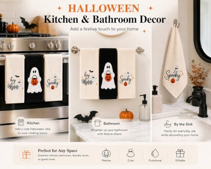 Halloween Hand Towels Set of 3 - Embroidered Ghost Pumpkin Spooky Decor 14x30