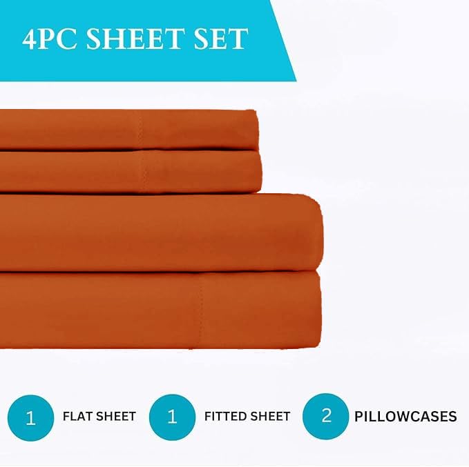 Full Size Egyptian Cotton Sheet Set 1000 Thread Count Burnt Orange - 4 Piece