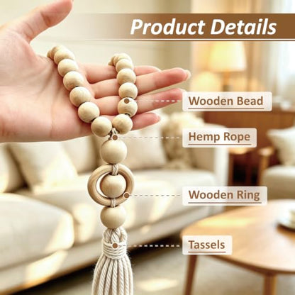 Wood Bead Magnetic Curtain Tiebacks Off White 2 Pack - Boho Farmhouse Decor