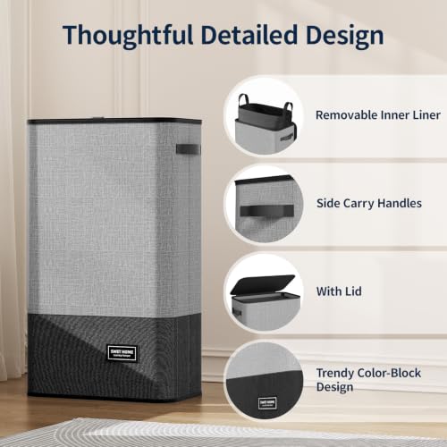 Slim Laundry Hamper with Lid - 75L Black & Gray Space Saver