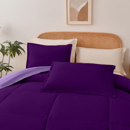 Queen Size Reversible Comforter Set 3 Pieces - Deep/Light Purple, 90x90 Inches, Ultra Soft All-Season Bedding