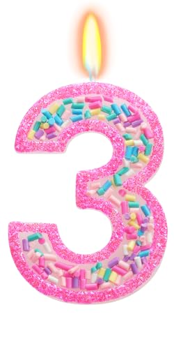 Rainbow Sprinkles Number 3 Candle for 3rd Birthday Decorations - Hot Pink
