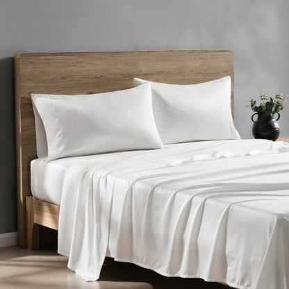 DKNY Ivory White King Satin Sheet Set - Matte Finish, Soft & Silky Bedding