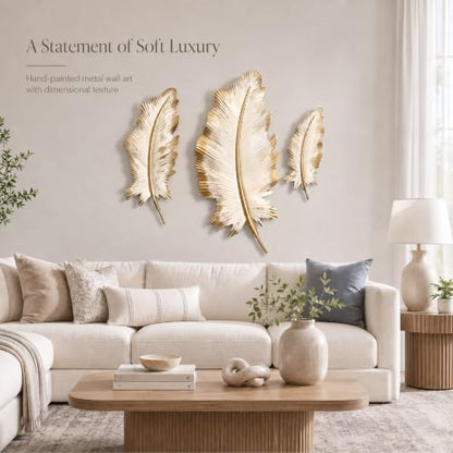 Large Metal Feather Wall Decor Set - Beige Gold 3D Wall Art for Living Room