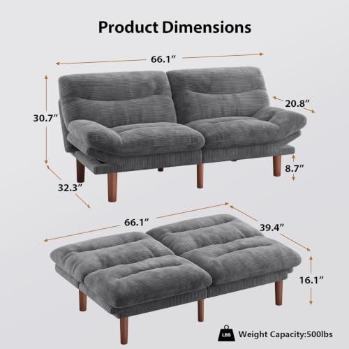 Convertible Futon Sofa Bed - Corduroy, 66 Inch, Warm Grey - Space Saving
