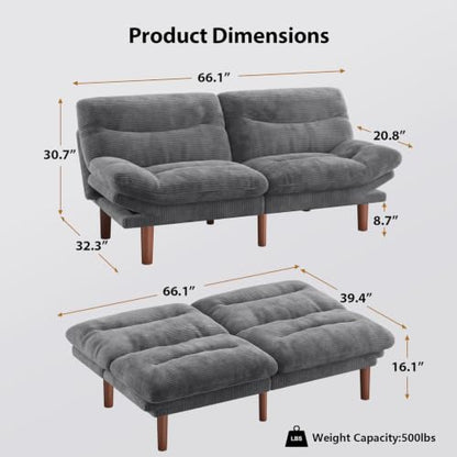 Convertible Futon Sofa Bed - Corduroy, 66 Inch, Warm Grey - Space Saving