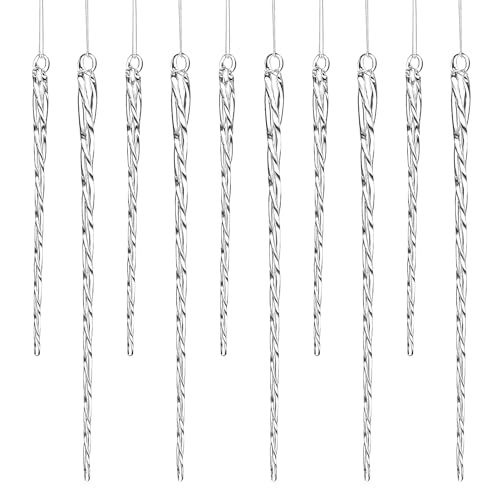 24 Pc Glass Christmas Icicle Ornaments Set - 12x 4-Inch & 12x 6-Inch Clear Twisted Decorations, Holiday Tree & Winter Decor