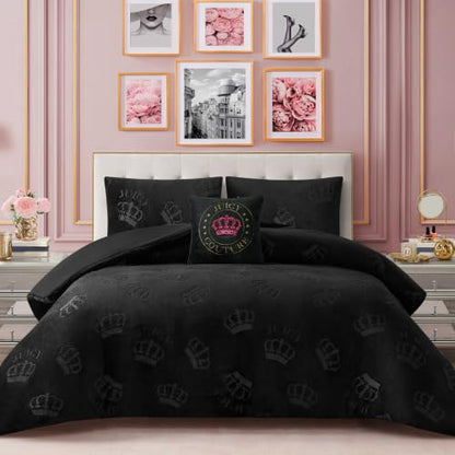 Juicy Couture Reversible Plush Crown Comforter Set - Black, Full/Queen with Decorative Pillow