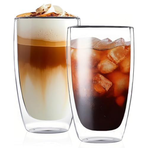 Glass Coffee Mugs Set of 2, Insulated Double Wall 15.2oz Cups for Hot Cold Beverages
