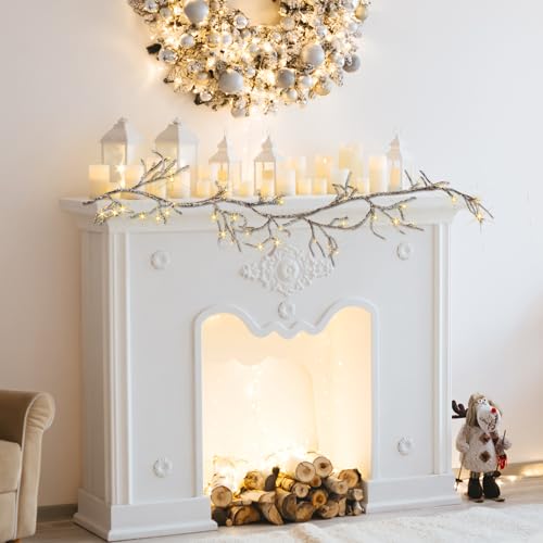 Brown Lighted Iced Garland with Timer 48 LED Fairy Lights 6ft for Mantle Decor