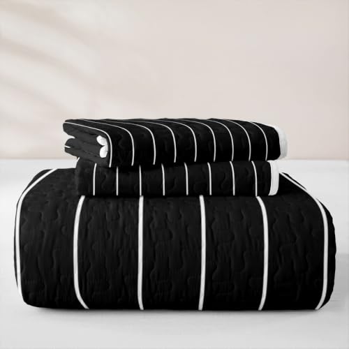 Queen Black & White Geometric Quilt Set - Modern Farmhouse Bedspread with Lines