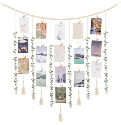 Boho Hanging Photo Display with Beads and Faux Eucalyptus Wall Decor