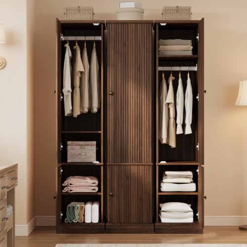 Idealhouse 72" Fluted Wood Armoire Wardrobe Closet, Narrow - Retro Brown