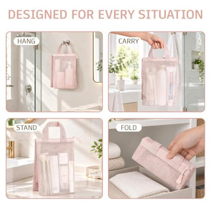 Pink Mesh Shower Bag with Zipper and 3 Pockets - Small Portable Shower Caddy