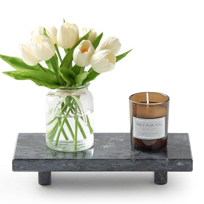 Marble Stone Pedestal Tray Stand for Vanity Bathroom Kitchen Decor - Gray Black, 8.6 x 4 Inches