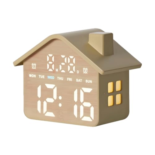 Wood Grain House-Shaped LED Alarm Clock with Night Light - GDQ