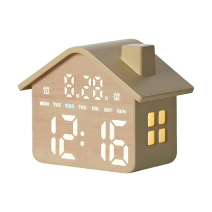 Wood Grain House-Shaped LED Alarm Clock with Night Light - GDQ