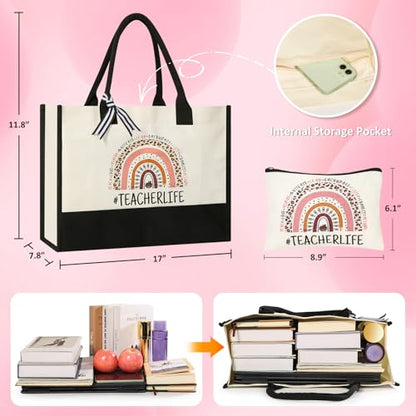 Teacher Gifts Canvas Tote Bag with Makeup Bag - Teacher Appreciation Gift - Variation 1
