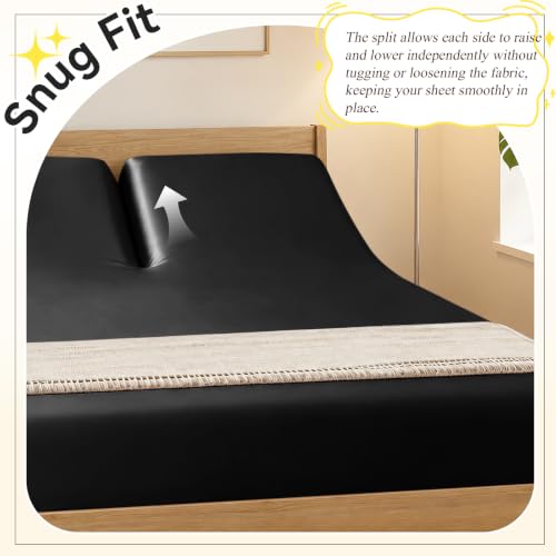 Split Top King Fitted Sheet for Adjustable Beds - Black, Satin, 34 Inch Split