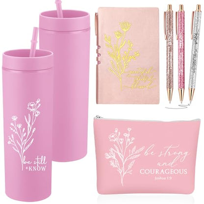 Pink Christian Gift Set for Women - Tumbler, Notebook, Pens & Makeup Bag