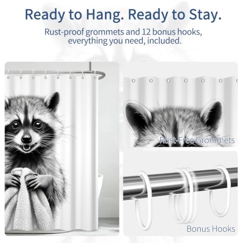 Funny Raccoon Shower Curtain with Hooks - 72x72 Inch Waterproof Polyester