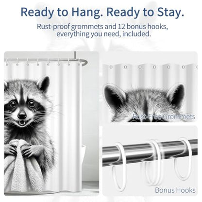 Funny Raccoon Shower Curtain with Hooks - 72x72 Inch Waterproof Polyester