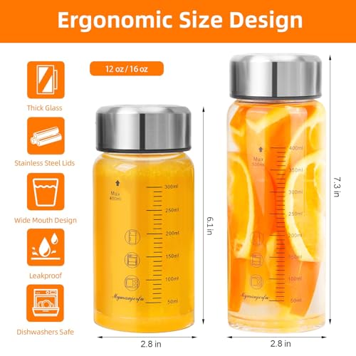 16 oz Glass Juice Bottles with Wide Mouth and Stainless Steel Lids - Reusable Leakproof Water & Smoothie Bottles