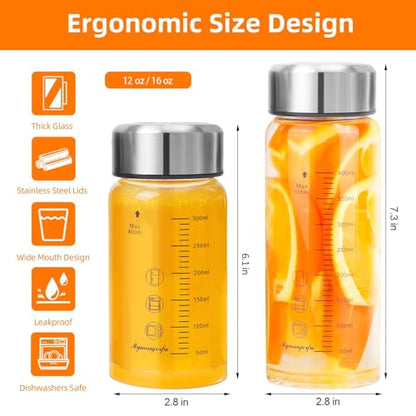 16 oz Glass Juice Bottles with Wide Mouth and Stainless Steel Lids - Reusable Leakproof Water & Smoothie Bottles