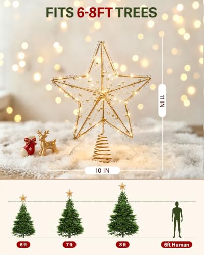 Noiclub Gold Christmas Tree Topper Star 10 Inch Beaded Metal with Timer