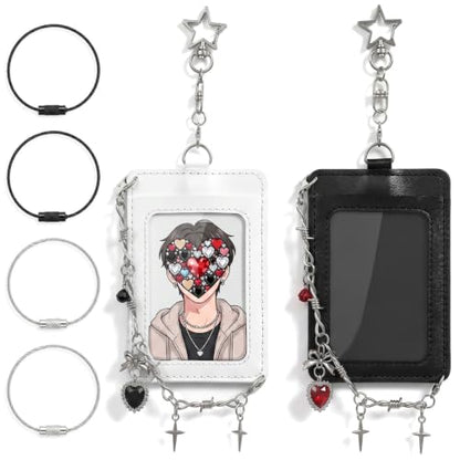 2-Pack Leather Photo Card Holder Keychain - Punk Style ID Badge Case