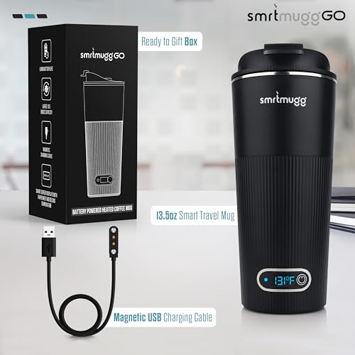 SMRTMUGG GO Heated Coffee Mug, Travel Mug, 13.5 OZ. Smart Mug, Battery Powered Heated Coffee Mug, Great for Coffee and Tea, Snap on Magnetic Charging Cord, New and Improved (Black)