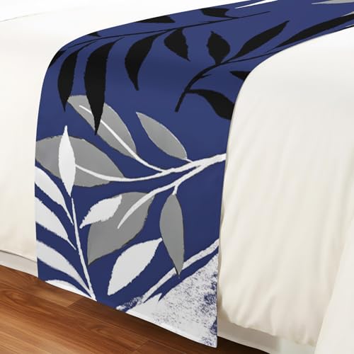 King Size Navy Blue Grey Botanical Bed Runner 94x20 Inches Tropical Foliage Decor