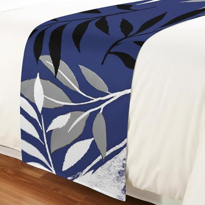 King Size Navy Blue Grey Botanical Bed Runner 94x20 Inches Tropical Foliage Decor