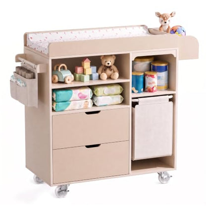 Baby Changing Table with Waterproof Pad & Storage Dresser - Beige