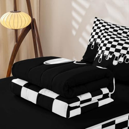 Kids Full Size Plaid Comforter Set with Zipper Bed Cover and Fitted Sheet - Black White