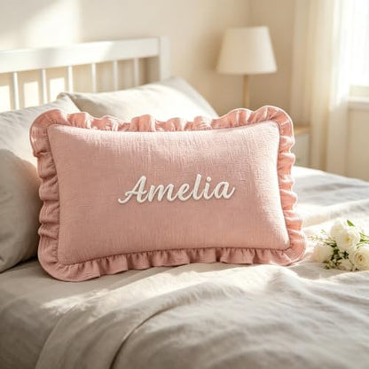 Pink Personalized Embroidered Name Pillowcase with Ruffled Crepe Edge