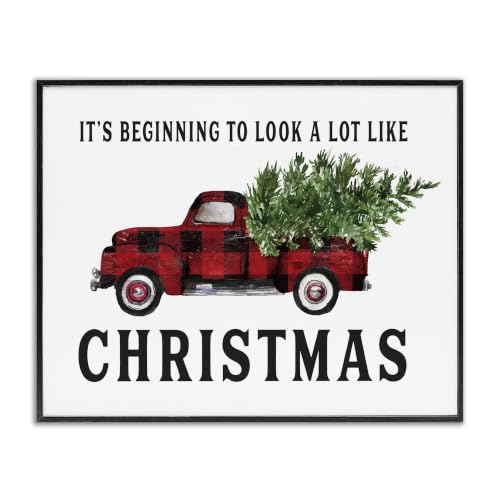 Christmas Plaid Truck Holiday Word Art - 11 x 14 Inch Framed Giclée Print - Black Variation