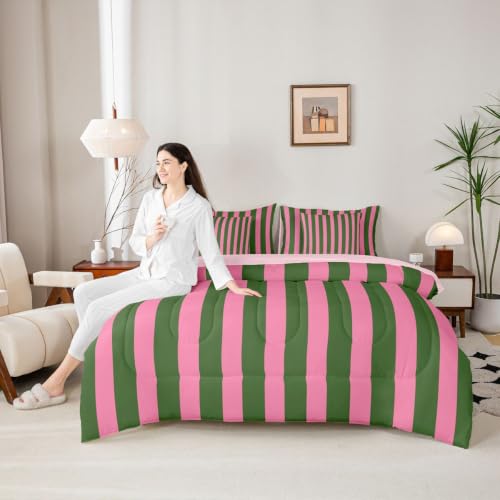Bubblegum Pink & Green Striped Twin Bedding Set 7 Pieces for Kids & Girls