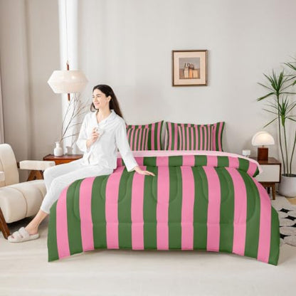Bubblegum Pink & Green Striped Twin Bedding Set 7 Pieces for Kids & Girls