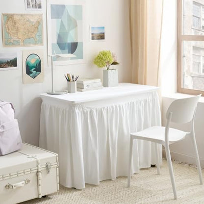 Corner Pleated Cotton Desk Skirt - White, 42 Inch Length with Elastic Fit