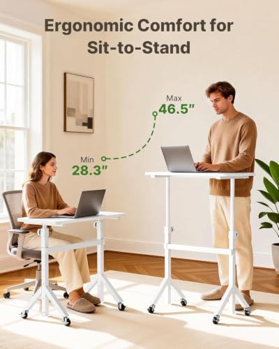 Pure White Marsail Mobile Standing Desk with Lockable Wheels & 6 Height Levels
