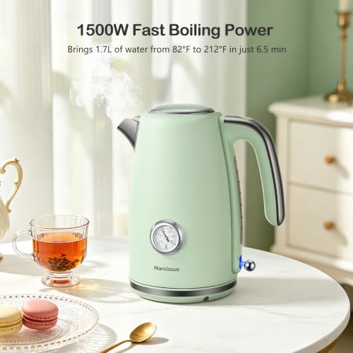 Electric Kettle 1.7L Retro Green Fast Boil with Thermometer & Water Level Window