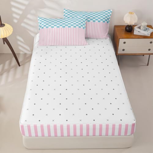 Gingham Striped Comforter Set Pink Blue White Full Size Bedding with Zipper