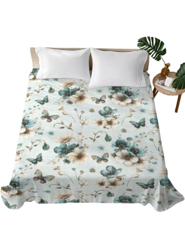Twin Flat Sheet - Pale Blue-Green Floral Microfiber Bed Sheet for Twin Bed