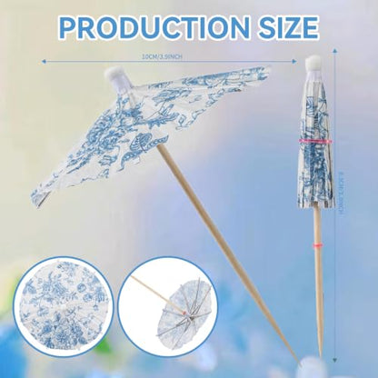 100 Pcs Blue Floral Cocktail Umbrellas & Toothpicks - Vintage Chinoiserie Design