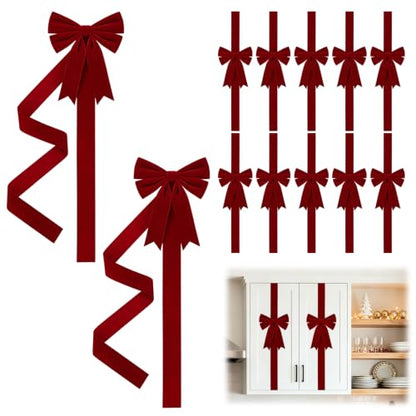 Christmas Cabinet Bows Set - Velvet Red 12 Pcs for Kitchen & Holiday Decor