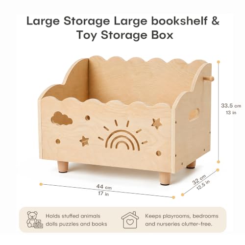 Natural Montessori Toddler Bookshelf with Rainbow & Cloud Cutouts - Wooden Childrens Storage