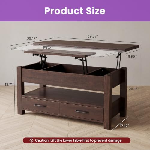 DUMOS 39.4-Inch Convertible Lift Top Coffee Table - Brown, 4-in-1 Multi-Functional Design