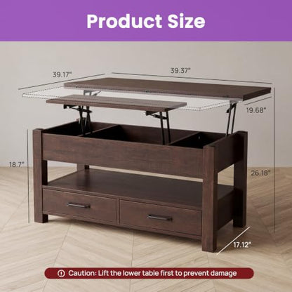 DUMOS 39.4-Inch Convertible Lift Top Coffee Table - Brown, 4-in-1 Multi-Functional Design
